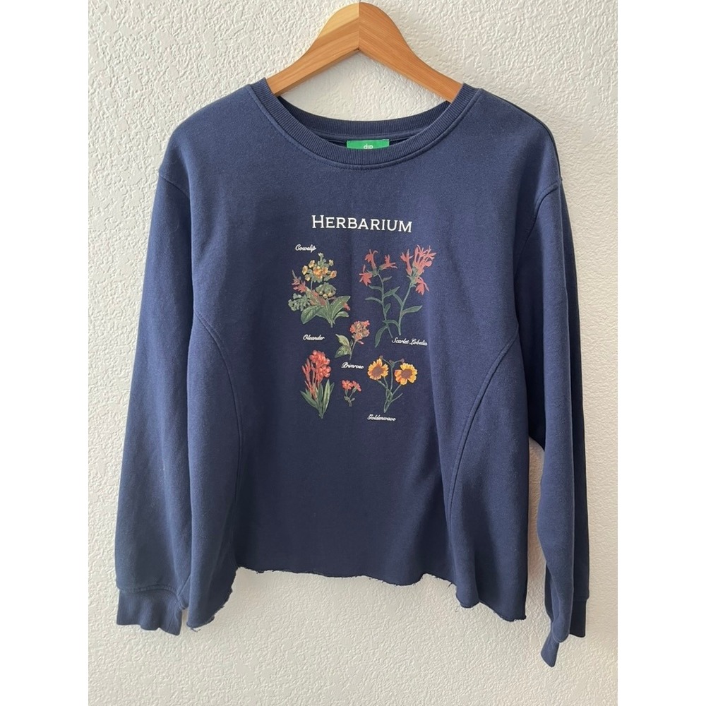 Dip Womens Navy Blue Herbarium Botanical Graphic Cropped Sweatshirt Size L